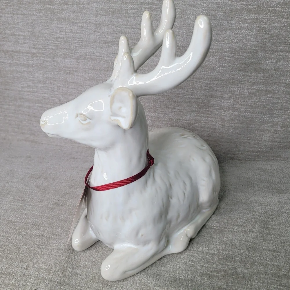 Pottery Barn Ceramic Reindeer White Glazed Christmas Decor Buck Figurine NEW